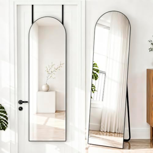 NARCISSUS Full Length Mirror 57x16 Inch, Over The Door Mirror with Stand, Wall Mounted or Freestanding/Door Hanging Full Body, Aluminum Alloy Frame, Black