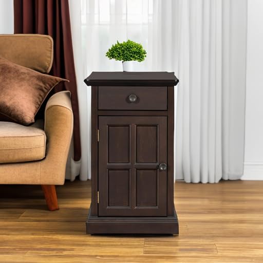 Traditional Wood End Table with Charging Station, Modern Vintage Sofa Chair Side Table Nightstand with Storage & Drawer for Living Room Bedroom, No Assembly, Antique Espresso