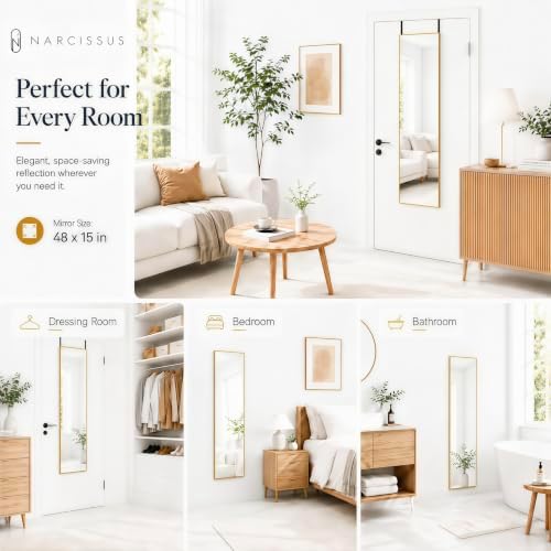 NARCISSUS Over the Door Full Length Mirror 47x14 Inch, Wall Mounted Dressing Mirror, Door Hanging Full Body Mirror HD Reflection Glass for Bedroom, Aluminum Alloy Frame Gold