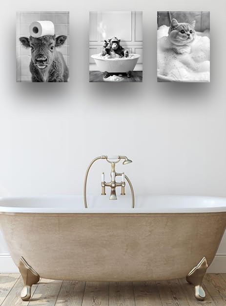 KensTro Funny Bathroom Wall Art Decor,12" x 16" Waterproof Wood Framed Canvas Bathroom Wall Art Picture,Black and White Cat Bathing Wall Art Animal Abstract Prints,Wall Decor for Kid's Room,1Pack Gift