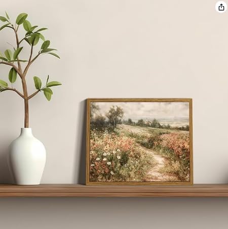 SHENIFY Vintage Landscape Framed Wall Art Meadow with Flowers Farmhouse Decor Retro Wildflower Field Scenery Painting for Kitchen Living Room Bedroom Bathroom - 8x10in Natural Framed