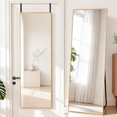 NARCISSUS Full Length Mirror 57x20 Inch, Over The Door Mirror with Stand, Wall Mounted or Freestanding/Door Hanging Full Body, Aluminum Alloy Frame, Gold