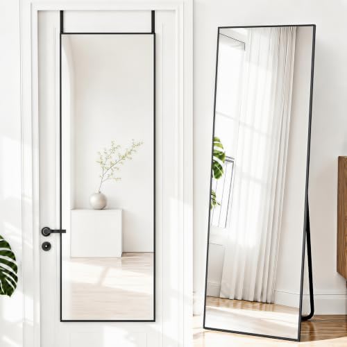 NARCISSUS Full Length Mirror 57x20 Inch, Over The Door Mirror with Stand, Wall Mounted or Freestanding/Door Hanging Full Body, Aluminum Alloy Frame, Black