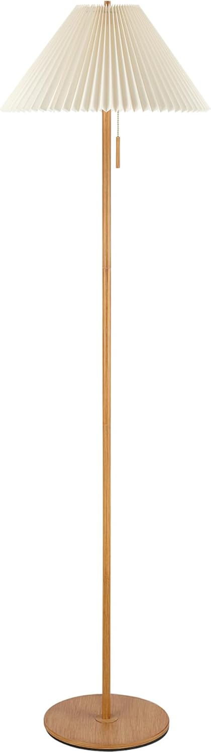 GLOBE Electric 61000053 62" Floor Lamp, Wood-Toned Finish, Pleated Fabric Shade, Pull Chain Switch, Reading Light, E26 Base, Modern Classic Lighting for Living Rooms and Bedrooms