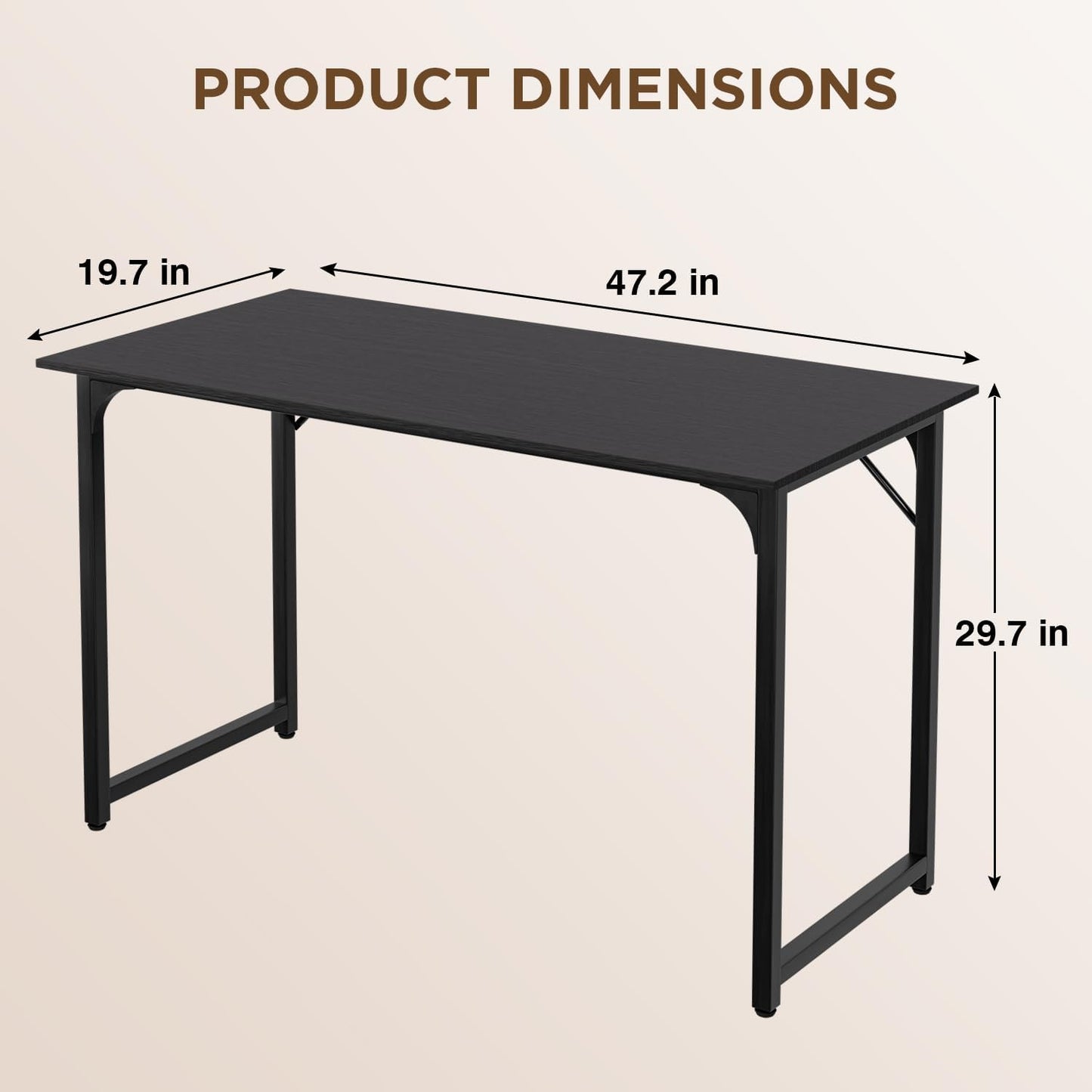 PayLessHere | 47 Inch Computer Desk | Black | Office Desk with Metal Frame, Adjustable Feet | Water-Resistant, Scratchproof Surface | Sturdy Writing Table for Home Office or Study | Pack of 1