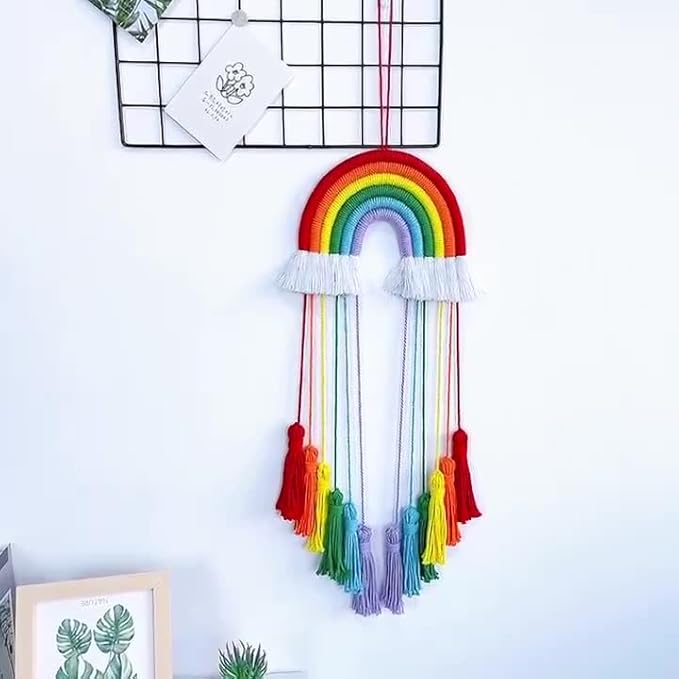Rainbow Macrame Wall Hanging - Hand-Woven Cotton Tassel Tapestry Decor for Baby Room, Nursery, and Home Decor (Red Rainbow)