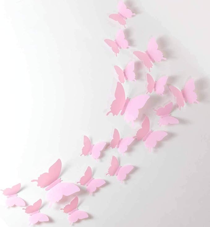 24pcs Kawaii 3D Butterfly Removable Mural Stickers Wall Stickers Decal for Home and Girls Room Decoration (Pink)