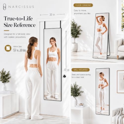 NARCISSUS Full Length Mirror 57x20 Inch, Over The Door Mirror with Stand, Wall Mounted or Freestanding/Door Hanging Full Body, Aluminum Alloy Frame, Black