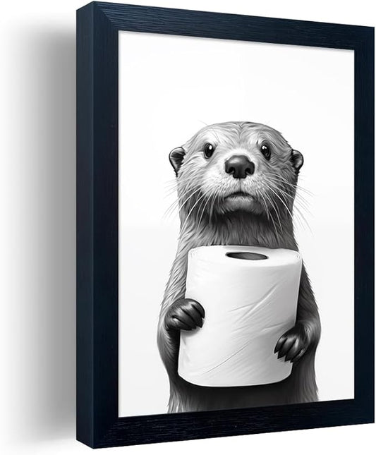 Funny Bathroom Wall Decor Framed Black and White Bathroom Wall Art Toilet Paper in Little Funny Raccoon's Hand Animal Canvas Print Painting Artworks