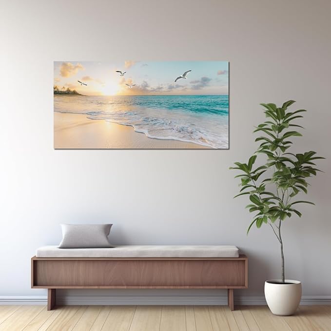 Beach Wall Art Pictures for Living Room Ocean Canvas Wall Art Decor Beach Scene Painting for Bedroom Blue Seascape Theme Art Print for Home Office Decoration Ready to Hang(24"×48")