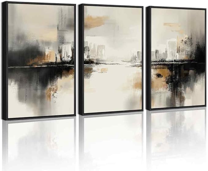 Drsoum Vintage Black Gray Abstract Wall Art Framed Brown Tan Neutral Prints Minimalist Modern Rustic Artwork Bedroom Living Room Ready to Hang 16x24in Black Framed