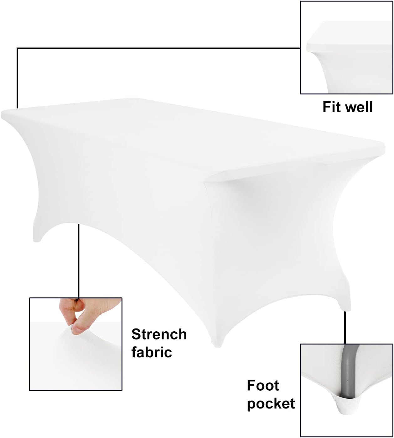2Pack Spandex Waterproof Table Covers 8ft，Spandex 8ft Waterproof Table Cover for Party,Wedding, Banquet, and Events(White)