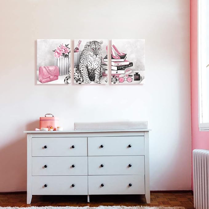 Visual Art Decor Glam Fashion Picture Pink Blush Wall Art Leopard Books High Heel Shoes Perfume Canvas Prints for Modern Home Office Woman Girl Makeup Bedroom Wall Decoration Creative Design Gift