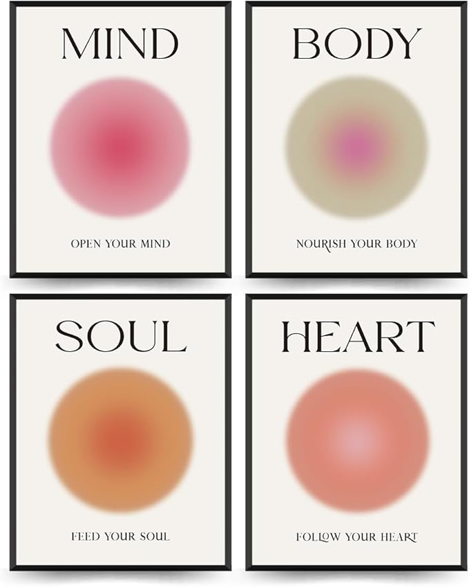 PLKMN Mind Body Soul Heart Wall Art Prints,Pink Energy Spiritual Positive Aura Posters For Room Aesthetic, Colorful Aura Poster Energy Wall Art for Bedroom Yoga 8x10 Inch Set of 4 Unframed
