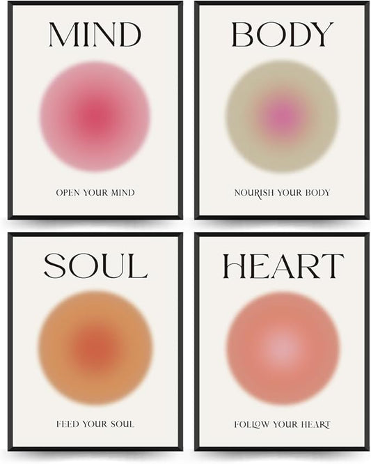 PLKMN Mind Body Soul Heart Wall Art Prints,Pink Energy Spiritual Positive Aura Posters For Room Aesthetic, Colorful Aura Poster Energy Wall Art for Bedroom Yoga 8x10 Inch Set of 4 Unframed