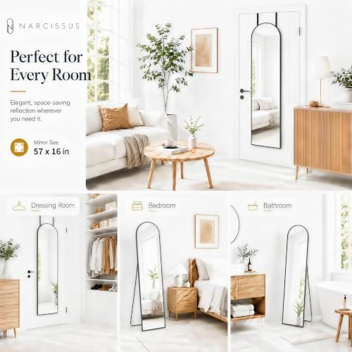 NARCISSUS Full Length Mirror 57x16 Inch, Over The Door Mirror with Stand, Wall Mounted or Freestanding/Door Hanging Full Body, Aluminum Alloy Frame, Black