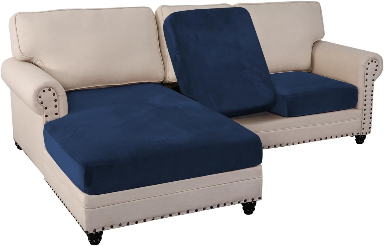 PrinceDeco Sectional Couch Covers 3 Pieces Velvet Sofa Covers L Shape Soft Couch Covers for Sectional Sofa Corner Sofa Cover Couch Cover for Dogs Washable (2 Seater + 1 Chaise,Navy)