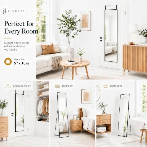 NARCISSUS Full Length Mirror 57x16 Inch, Over The Door Mirror with Stand, Wall Mounted or Freestanding/Door Hanging Full Body, Aluminum Alloy Frame, Black