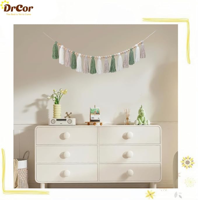 DrCor Sage Green & White Boho Tassel Garland – Handmade Yarn Banner for Nursery, Girls Bedroom, Baby Shower, Wedding Backdrop, Classroom Bulletin Board or Cozy Home Wall Decor