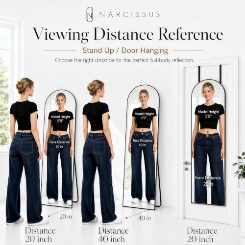 NARCISSUS Full Length Mirror 57x20 Inch, Over The Door Mirror with Stand, Wall Mounted or Freestanding/Door Hanging Full Body, Aluminum Alloy Frame, Black