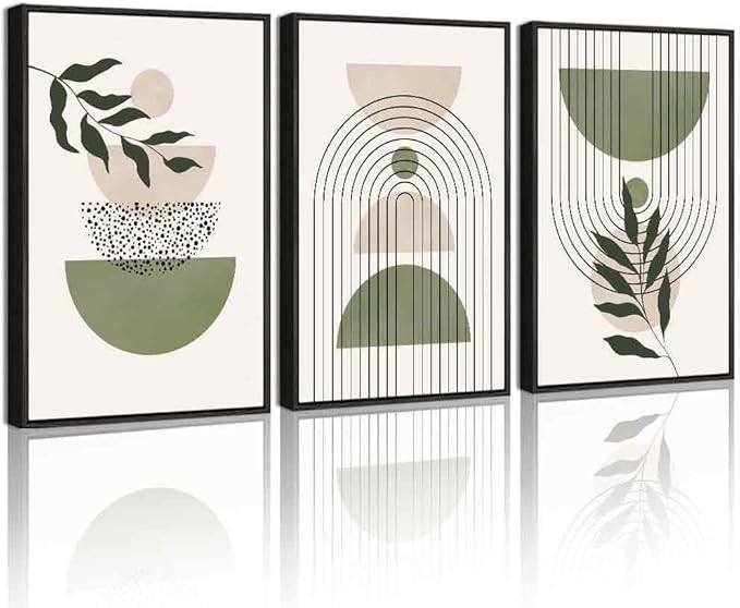 Drsoum Green Botanical Boho Wall Art Framed Modern Sage Bohemian Plant Wall Decor Abstract Geometry Lines Prints Ready to Hang 16x24in Black Framed