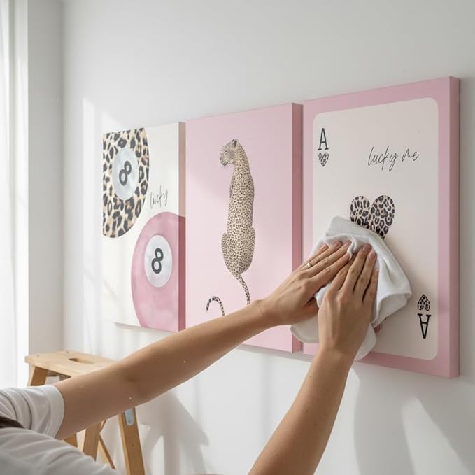 3 Pcs Trendy Pink Preppy Leopard Canvas Wall Art Lucky 8 Ball Playing Card Painting Picture Wall Decor Pink Coquette Funky Cheetah Poster Print Artwork for Girls Bedroom Living Room Apartment Home Decoration