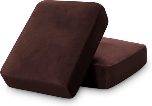 PrinceDeco Brown Furniture Cover, 2 Pcs Velvet Stretch Sofa Cushion Covers for Individual Cushions, Pet Friendly, Stay in Place, Machine Washable