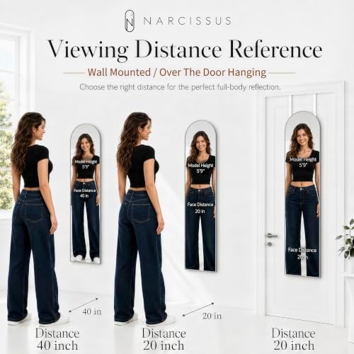 NARCISSUS Over the Door Full Length Mirror 47x14 Inch, Wall Mounted Dressing Mirror, Door Hanging Full Body Mirror HD Reflection Glass for Bedroom, Aluminum Alloy Frame Silver
