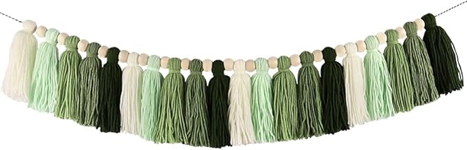 DrCor 15ft Sage Green Gradient Tassel Garland – Handmade Yarn Bunting Banner for Nursery, Kids Room, Baby Shower, Birthday Party Backdrop, Dorm Wall Hanging or Cozy Home Decor