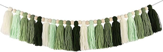 DrCor 15ft Sage Green Gradient Tassel Garland – Handmade Yarn Bunting Banner for Nursery, Kids Room, Baby Shower, Birthday Party Backdrop, Dorm Wall Hanging or Cozy Home Decor