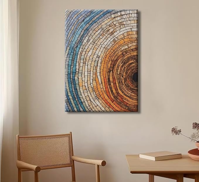 IBHJSART Framed Tree Ring Canvas Wall Art Vintage Colorful Wood Stump Painting Prints Modern Minimalist Pictures Neutral Nature Rustic Farmhouse Decor Living Room Bedroom Bathroom Office