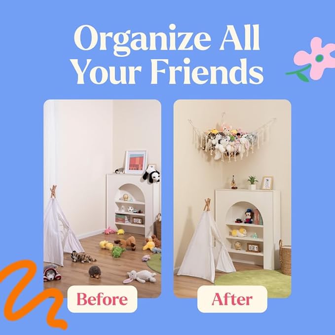 Lilly's Love Stuffed Animal Storage Macrame Hammock, Large - Boho Room Decor Toy Storage - Corner Hanging Plushie Stuffed Animal Net Organizer (Grey)