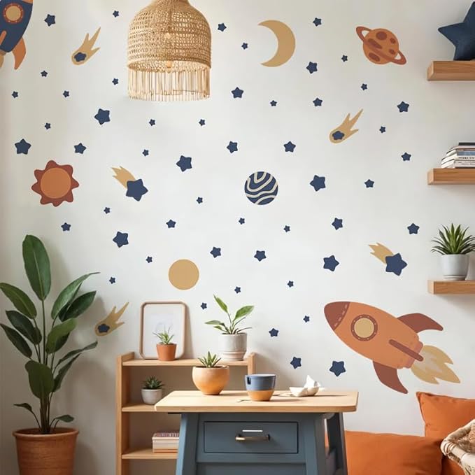 Outer Space Wall Decals, Peel and Stick Rockets Stars Planet Wall Stickers, Space Themed Wall Decor for Baby Nursery Kids Bedroom Boys Playroom Decoration