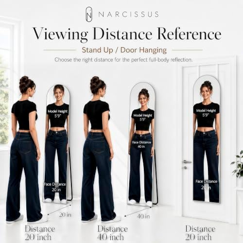 NARCISSUS Full Length Mirror 57x16 Inch, Over The Door Mirror with Stand, Wall Mounted or Freestanding/Door Hanging Full Body, Aluminum Alloy Frame, Silver