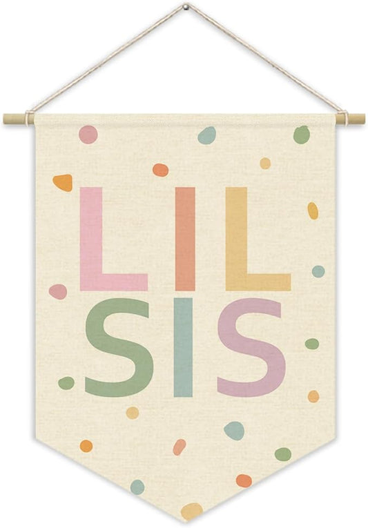 Little Sisters Canvas Banner Pink Girl Nursery Decor ,Sisters Bedroom Playroom Wall Art Decorations,Boho Twin Room Sign,Lil Sis Big Sis,Two Baby Kids Room Sibling Wall Hanging Pennant Flag Banner