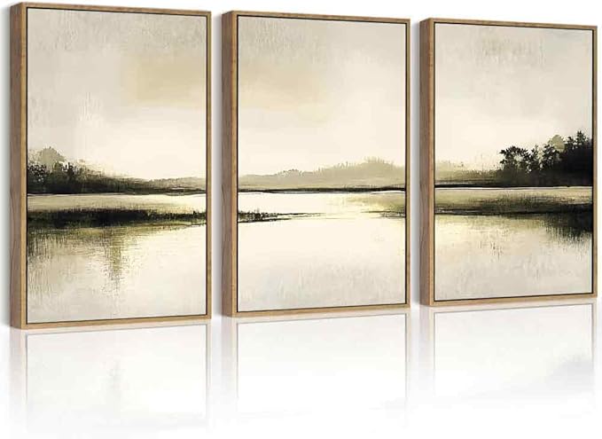 Drsoum Vintage Black Gray Abstract Laker Landscape Wall Art Framed Brown Tan Neutral Prints Minimalist Modern Rustic Artwork Bedroom Living Room Ready to Hang 11x14in Natural Framed