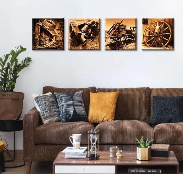 DJSYLIFE Western Decor Cowboy Wall Art for Men's Bedroom Office Canvas Printed Poster Home Decoration Artwork 12" x12" x 4pcs