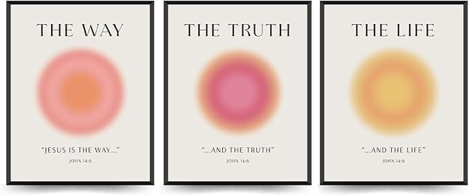 PLKMN Christian Wall Art, Jesus Art Wall Decor Prints Set of 3, Pink Room Decor Aesthetic, Jesus Is The Way and The Truth and The Life Bible Verse Wall Art, Pink Aura Prints Decor for Bedroom, 8x10 Unframed