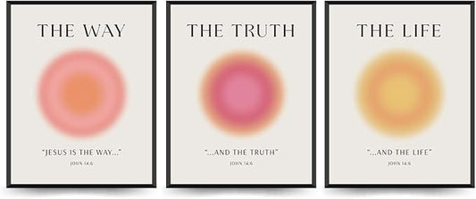 PLKMN Christian Wall Art, Jesus Art Wall Decor Prints Set of 3, Pink Room Decor Aesthetic, Jesus Is The Way and The Truth and The Life Bible Verse Wall Art, Pink Aura Prints Decor for Bedroom, 8x10 Unframed