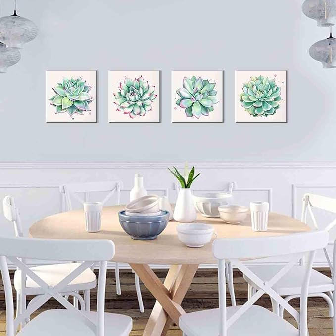 Succulent Wall Decor for Bathroom Mint Green Cactus Wall Art for Living Room Kitchen Accessories Nature Plant Wall Decor Tropical Botanical Leaf Canvas Pictures Bedroom Home Decorations 12x12" 4 Pcs