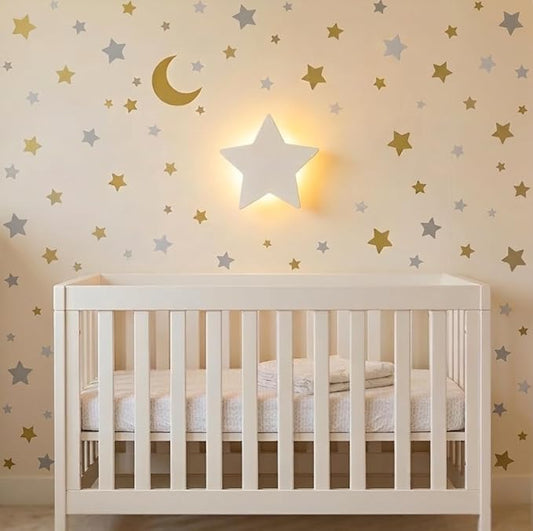 Star Wall Light for Nursery – Crib and Toddlers Night Light - Rechargeable & Dimmable Warm Light - 106 Pcs Moon and Star Decals Included