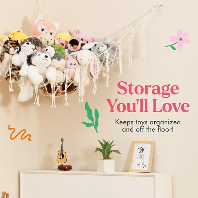 Lilly's Love Stuffed Animal Storage Macrame Hammock, Large - Boho Room Decor Toy Storage - Corner Hanging Plushie Stuffed Animal Net Organizer (Grey)