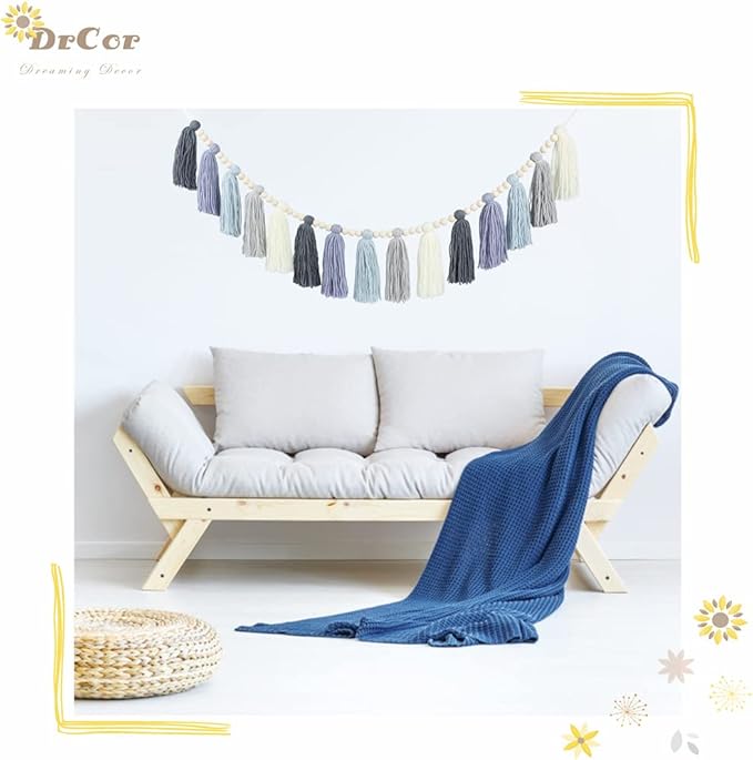 DrCor Coastal Boho Dusty Blue Tassel Garland – Handmade Yarn Banner for Nursery, Classroom, Kids Room, Baby Shower, Spring Party & Blue Boho Wall Decor