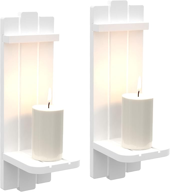 Sconces Set of 2, Large Candle Holder Rustic Farmhouse Decor, Home Art Floating Sconce Shelf White Wall Decoration for Living Room, Dining Room, Bedroom, Bathroom