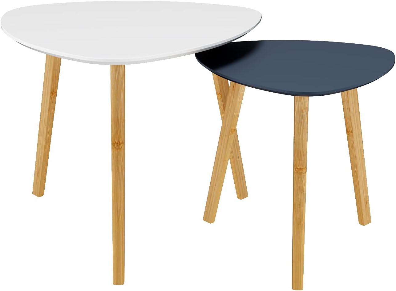BAMEOS Bamboo Nesting Triangle End Table,Set of 2 Coffee Table Modern Minimalist Side Table for Living Room, Balcony in White & Grey