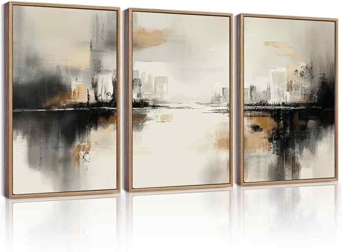 Drsoum Vintage Black Gray Abstract Wall Art Framed Brown Tan Neutral Prints Minimalist Modern Rustic Artwork Bedroom Living Room Ready to Hang 16x24in Natural Framed