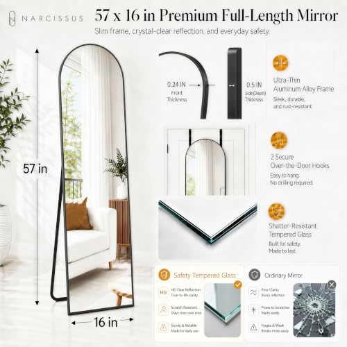 NARCISSUS Full Length Mirror 57x16 Inch, Over The Door Mirror with Stand, Wall Mounted or Freestanding/Door Hanging Full Body, Aluminum Alloy Frame, Black