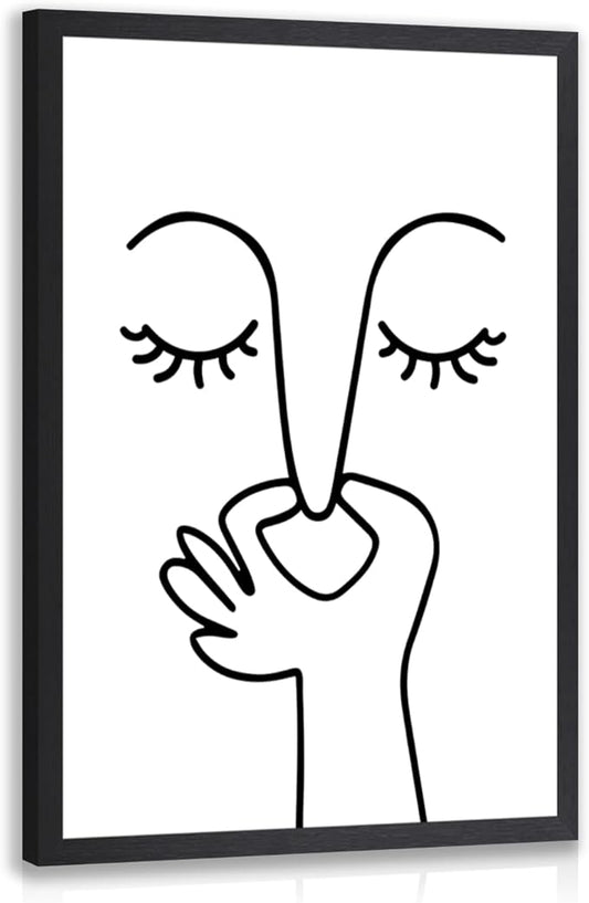 IAFWZX Wood Framed Funny Bathroom Wall Art, Abstract Humor Toilet Wall Decor, Minimalist Face Line Canvas Painting, Modern Black and White Bathroom Poster Print for Restroom Guest Bedroom 16"x24"