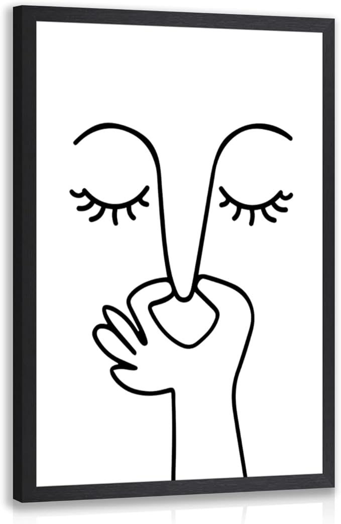 IAFWZX Wood Framed Funny Bathroom Wall Art, Abstract Humor Toilet Wall Decor, Minimalist Face Line Canvas Painting, Modern Black and White Bathroom Poster Print for Restroom Guest Bedroom 12"x16"