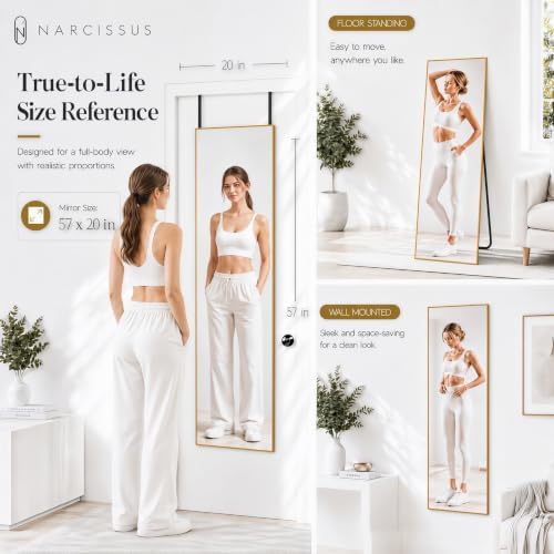 NARCISSUS Full Length Mirror 57x20 Inch, Over The Door Mirror with Stand, Wall Mounted or Freestanding/Door Hanging Full Body, Aluminum Alloy Frame, Gold
